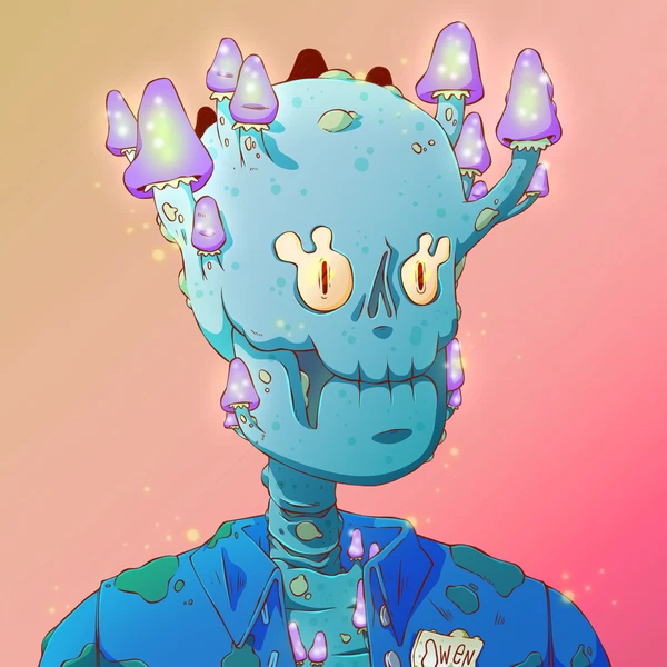 The image shows a stylized illustration of a blue zombie-like character with glowing purple mushrooms growing from its skull, wearing a blue shirt with a visible "OWEN" name tag. The post promotes the "Skulls Hood Mint," likely featuring this Owen character as part of the NFT collection, urging viewers to apply via a Google Form and submit their EVM wallet to secure a whitelist spot.