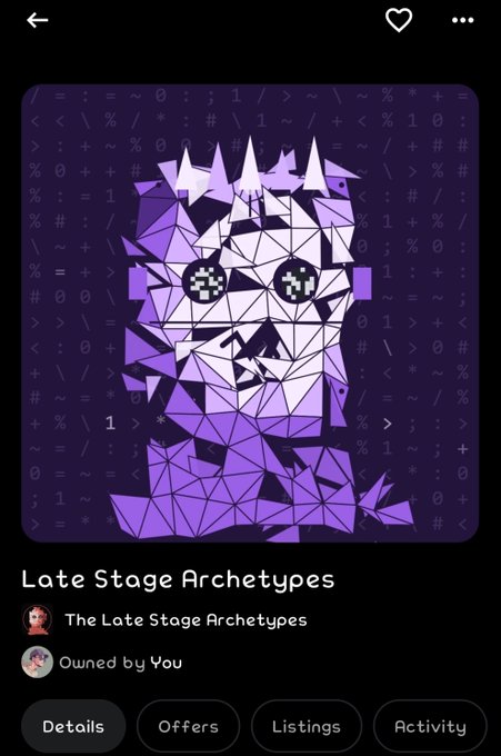 A mobile app screen displays a purple NFT titled 'Late Stage Archetypes' featuring a geometric pixelated cat-like figure with crown details, owned by the user.