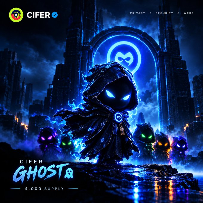A dark, atmospheric promotional image for 'CIFER' featuring a hooded ghost-like figure with glowing blue eyes, surrounded by smaller multicolored ghost figures, with text 'GHOST 4,000 SUPPLY' and 'PRIVACY / SECURITY / WEB3' at the top.