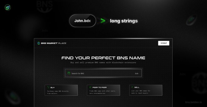 A dark-themed webpage for BNS Market Place with a search bar for BNS names and tabs for Buy, Peer to Peer, and Sell options, featuring tags 'John.bdx' and 'long strings'.