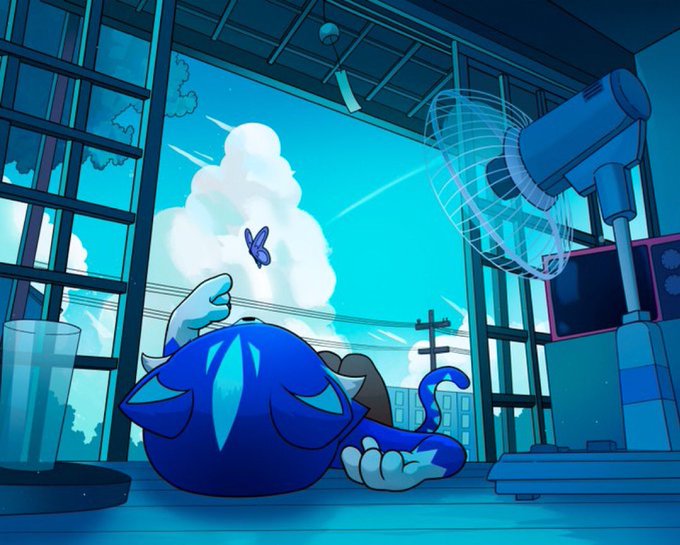 A stylized blue-toned digital illustration featuring a blue cartoon character resting on a surface near an electric fan, with a cityscape visible through a window.