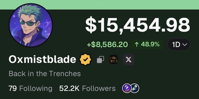 A social media profile for 'Oxmistblade' with the handle 'Back in the Trenches' showing $15,454.98 with a +$8,586.20 (+48.9%) gain, featuring an anime-style avatar.