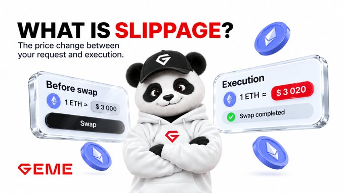 A promotional graphic titled 'WHAT IS SLIPPAGE?' explaining crypto price changes during swaps, showing a panda mascot in branded apparel with a 'Before swap' example of 1 ETH ≈ $3,000 and an 'Execution' price of $3,020, branded with the 'GEME' logo.