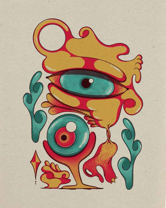 A vibrant surreal illustration featuring a large blue eye, flame-like orange and yellow shapes, and green organic tendrils on a cream background.