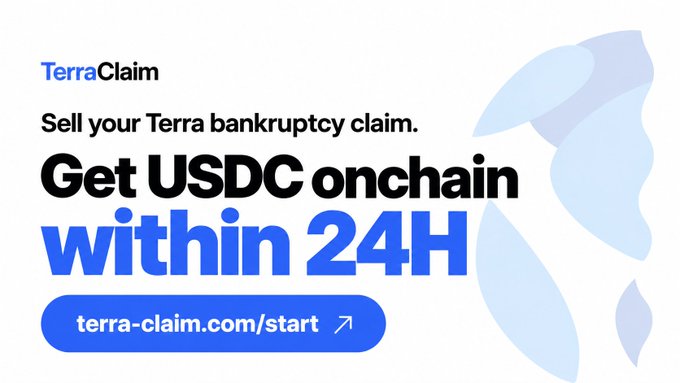 An advertisement for TerraClaim reading 'Sell your Terra bankruptcy claim. Get USDC onchain within 24H' with a link to terra-claim.com/start.