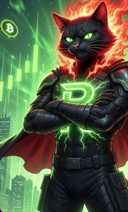 Digital artwork of a fierce black cat with glowing green eyes and a flaming red mane, wearing tactical armor with a glowing green 'D' symbol, set against a green Bitcoin-themed cityscape background.