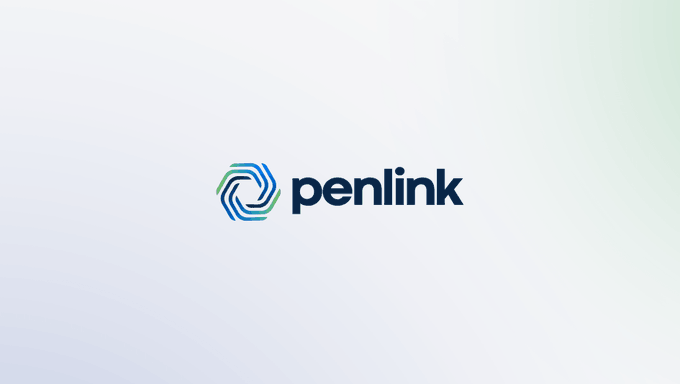 A minimalist graphic displays the 'penlink' logo, featuring a blue and green geometric hexagon symbol next to the company name on a light gradient background.