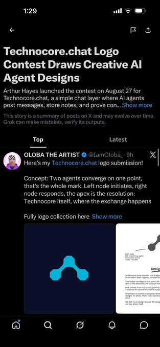 A mobile screenshot of a social media post about the 'Technocore.chat Logo Contest Draws Creative AI Agent Designs,' featuring a cyan three-node logo design.