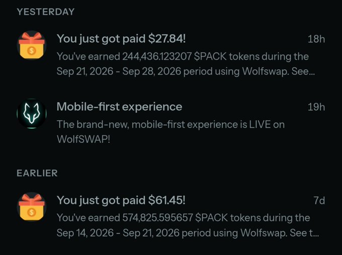 A mobile app notification screen showing WolfSwap updates, including 'You just got paid $27.84!' for 244,436 $PACK tokens and an announcement about a mobile-first experience.