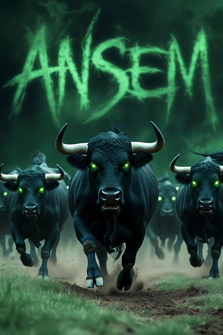 A dramatic digital artwork featuring black bulls with glowing green eyes charging forward, with the text 'ANSEM' displayed in stylized green letters above them.