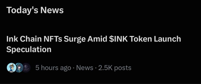 A news headline reads "Ink Chain NFTs Surge Amid $INK Token Launch Speculation," posted 5 hours ago with 2.5K posts, relating to the accompanying post's claim about an imminent $INK TGE and potential OpenSea involvement.
