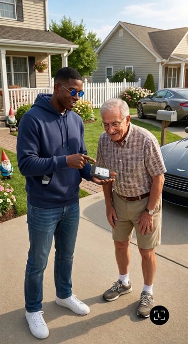 A young man in a blue hoodie shows his phone to an elderly man in a plaid shirt outside a suburban home with garden gnomes.