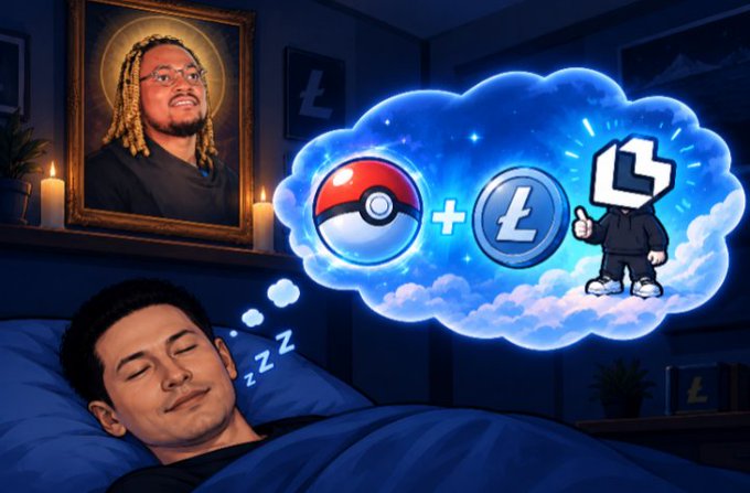 An illustration of a man sleeping while dreaming about a Pokéball and Litecoin combining, with a portrait resembling Akon hanging on the wall.