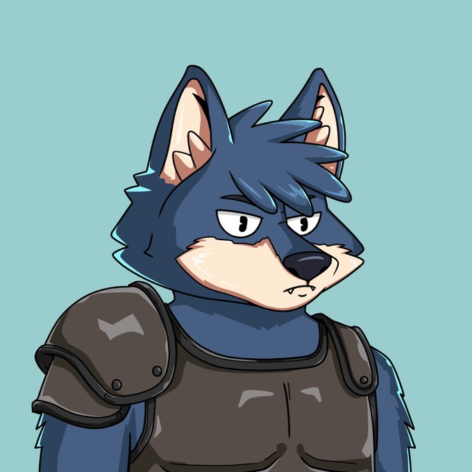 An illustrated portrait of a blue-furred anthropomorphic canine character with pointed ears, wearing dark gray armor, looking to the side with a serious expression against a light blue background.