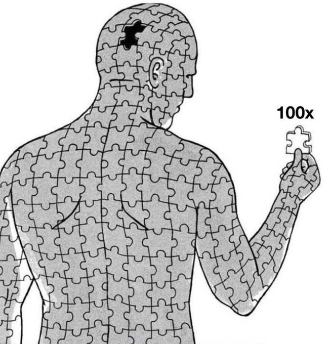 A black and white illustration of a human figure composed of puzzle pieces, with a missing piece in the head area, holding a single puzzle piece marked '100x' representing magnified self-awareness.