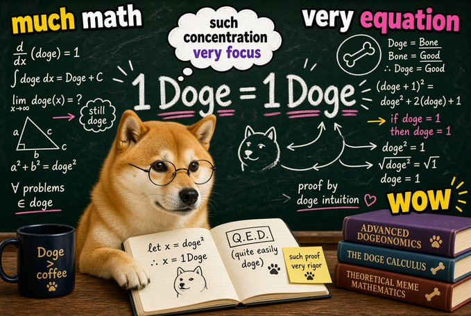 Meme image featuring a Shiba Inu dog wearing glasses reading a math book, surrounded by 'Doge' themed equations and jokes, with text including 'much math', 'very equation', and '1 Doge = 1 Doge'.
