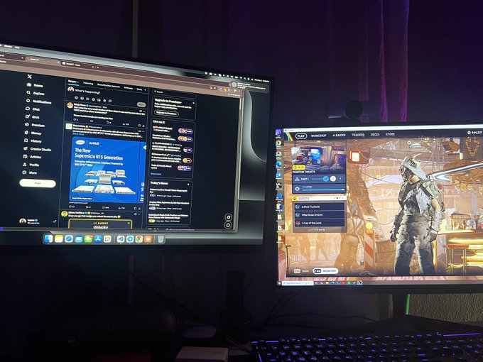 A dual-monitor computer setup in a dark room; the left screen shows Twitter/X, while the right screen displays the game 'THE FINALS'.