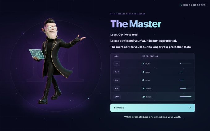 A digital interface displays "The Master" character alongside a vault protection system, where losing 1st, 2nd, 3rd, 4th, and 5th+ battles grants 2, 4, 8, 12, and 24 hours of protection respectively. The screen explains that players lose protection status upon losing a battle, with longer loss streaks extending protection duration—directly illustrating the vault update rules referenced in the post.