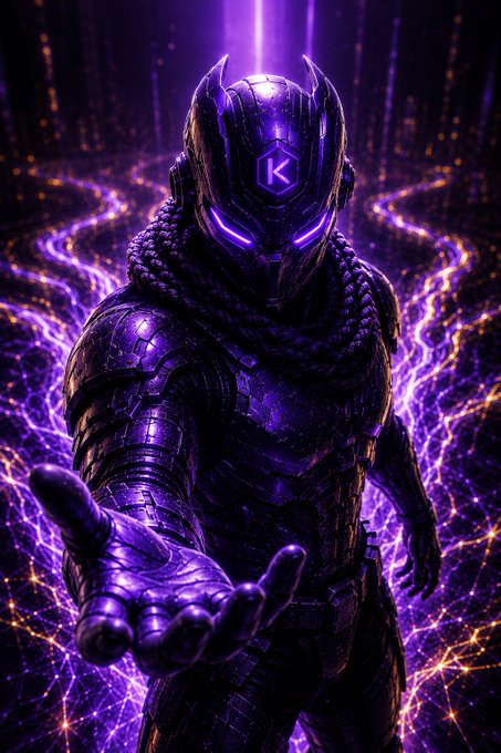A purple-armored figure with a "K" emblem on its helmet extends its hand amid crackling violet energy, symbolizing the shift in market power. The image visually represents the rotation of capital from Bitcoin dominance into altcoins, as captured in the post.