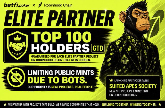 A promotional banner for "betfi.poker x Robinhood Chain" featuring an ape character in a suit advertising "Elite Partner Top 100 Holders" and the "Suited Apes Society" NFT launch.