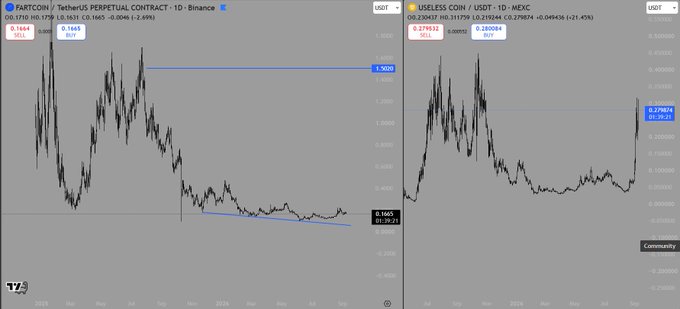 Two cryptocurrency trading charts displayed side by side: FARTCOIN/USDT perpetual contract on Binance (left) showing price around 1.1665, and USELESS COIN/USDT on MEXC (right) showing price around 0.27984.
