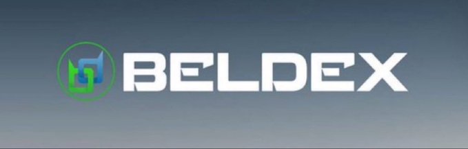 A logo for 'BELDEX' displayed in white text on a gray gradient background, accompanied by a green and blue circular emblem to the left of the text.