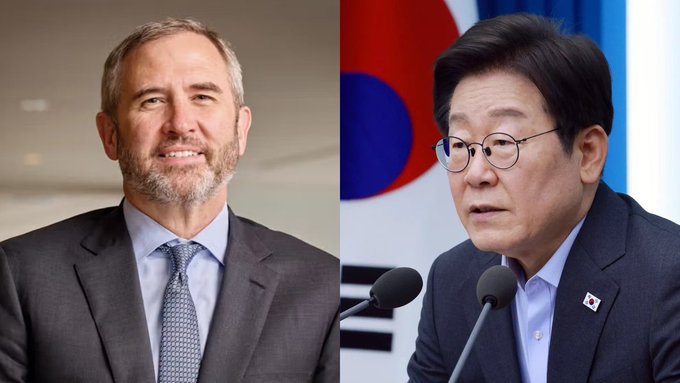 Two men in suits are pictured side-by-side—the man on the left (Ken Behrens, Ripple CEO) in a gray suit with tie, and the man on the right (Lee Jae-myung, South Korean political leader) speaking at a podium with the South Korean flag and a lapel pin in the background. The image visually pairs Ripple's leadership with a Korean official to illustrate Ripple's recent milestone of gaining access to South Korea's $2.4 trillion bond market.