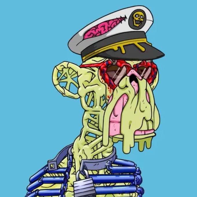 A grotesque, melting cartoon ape wearing a captain's hat with a "BAYC" (Bored Ape Yacht Club) logo badge, dripping red heart-shaped sunglasses, and a straitjacket—visually embodying the "mutant" theme of Bored Ape Yacht Club's Mutant Ape collection and reinforcing the post's message of unconditional love from the BAYC community.