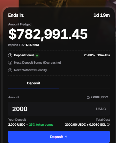 A cryptocurrency deposit page showing $782,991.45 pledged with an implied FDV of $15.66M, offering a 25.00% deposit bonus for USDC deposits.