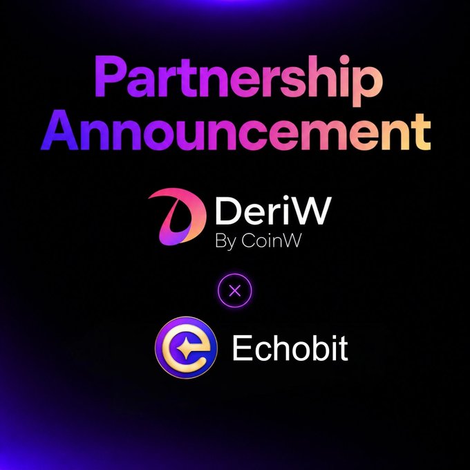 The image features a black background with purple text that reads "Partnership Announcement". Below this, there are three logos - one for DeriW by CoinW, another logo for Echobit exchange, and a third logo for Ripple. The text also mentions that the partnership is between "DERIW" and "CoinW", which suggests that they are collaborating on a project related to cryptocurrency trading or exchanges.