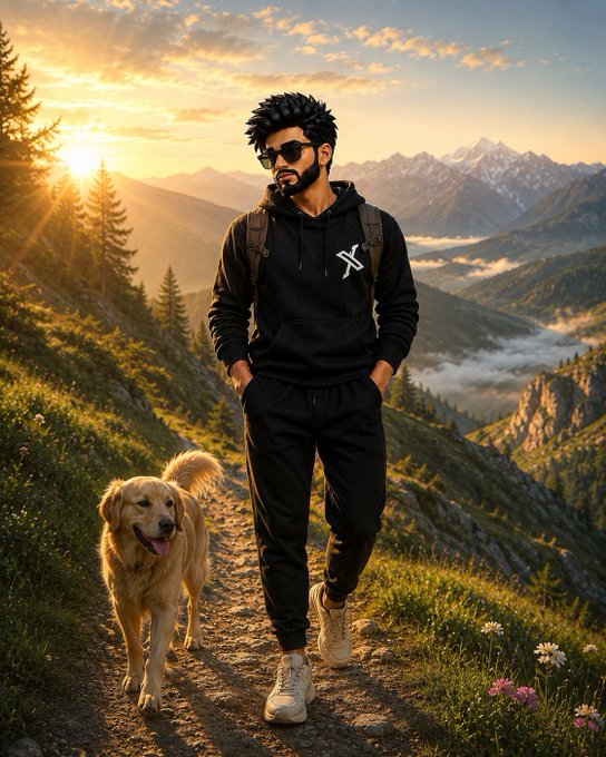 A man wearing sunglasses and a black tracksuit walks on a mountain trail at sunset alongside a golden retriever dog.