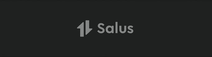 A dark gray banner displays the 'Salus' logo with a stylized arrow icon, set against a dark background.