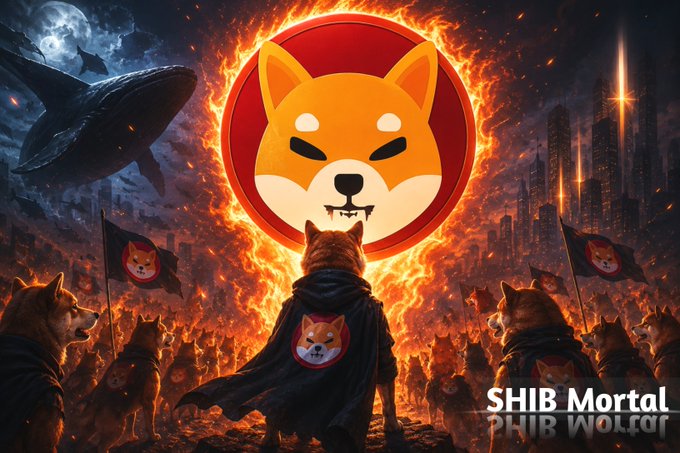 A dramatic scene depicts the SHIB logo emblazoned with fire, surrounded by an army of Shiba Inu-clad figures waving flags and facing an apocalyptic cityscape with a whale looming in the background, with "SHIB Mortal" text visible—visually reinforcing the post's message about SHIB's meme-to-power evolution and its loyal, unbreakable community.