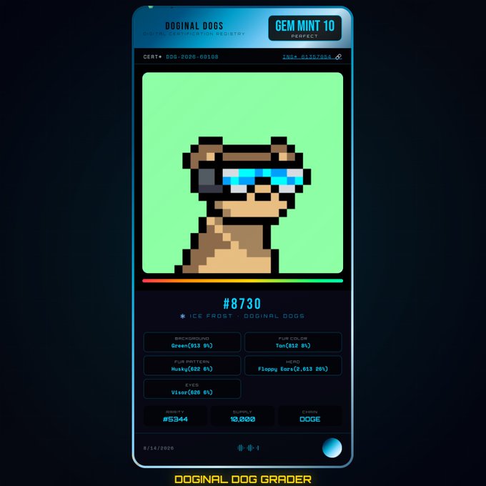 A digital certificate from 'Doginal Dogs' for Gem Mint 10 #8730, featuring pixel art of a dog with ice frost attributes on a green background, with rarity rank #5344 and supply 10,000.