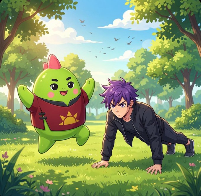 An anime-style illustration showing a green mascot character with a red crest and a purple-haired man in a black jacket doing push-ups together in a sunny forest clearing.