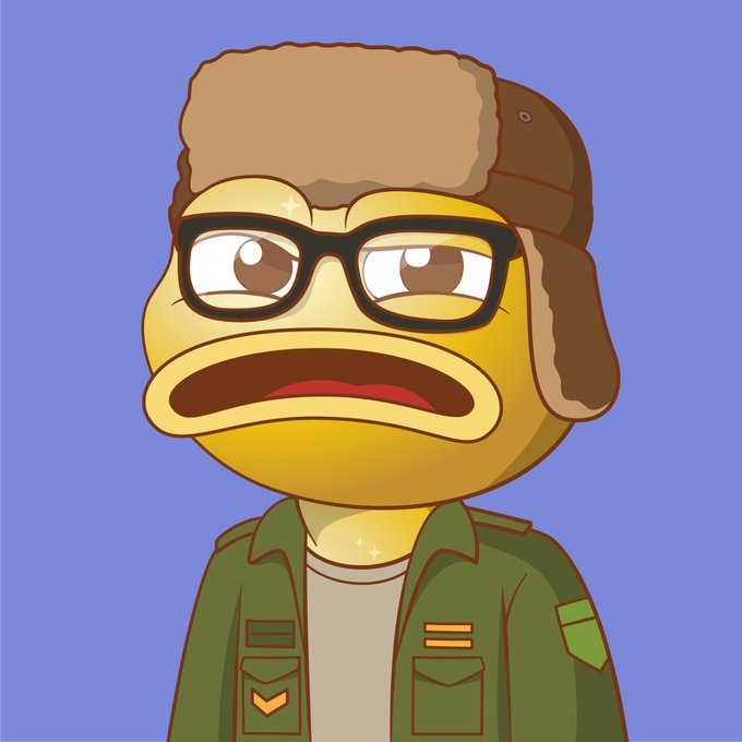 A cartoon illustration of a frog-like character wearing a brown trapper hat with ear flaps, black-rimmed glasses, and a green military-style jacket with sergeant chevron stripes and a patch, set against a purple background.