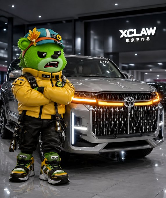 A green bear-like mascot character wearing a yellow jacket and cap standing in front of a silver Toyota SUV at what appears to be an auto show, with 'XCLAW' and '未来を作る' (Making the future) text visible.