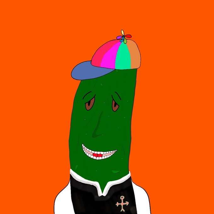 A cartoon illustration of a green pickle character with a smiling face, wearing a colorful propeller cap and a black vest over a white shirt, set against a solid orange background.