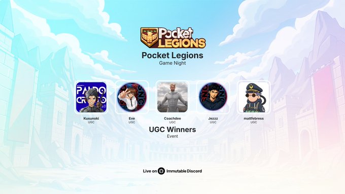 A 'Pocket Legends Game Night' promotional screen showcasing UGC Winners including Kusunoki, Eve, Coachdev, Jezzz, and mattebress, with 'Live on Immutable Discord' at the bottom.