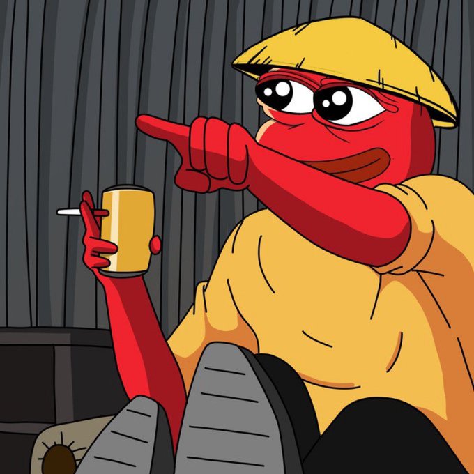 A cartoon red character wearing a yellow conical hat and shirt holds a yellow can while pointing with a big, expressive face.