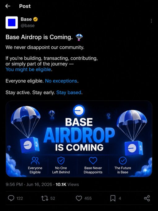 The image shows a social media post about Base Airdrop that has been shared by multiple people. The post contains text discussing the upcoming launch of Base Airdrop and its potential impact on the cryptocurrency community. It also mentions that there are already many users who have signed up for the service, indicating its popularity among the crypto community.