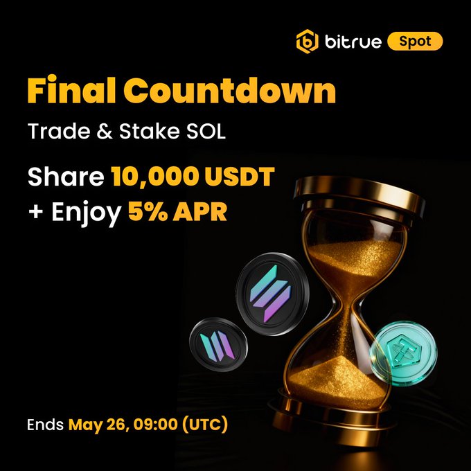 A gold hourglass with a black base and purple and blue coins, accompanied by the text "Final Countdown" and "Trade & Stake Sol".