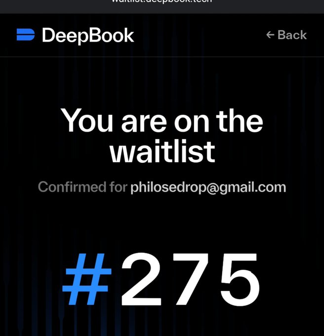 A screenshot from DeepBook's waitlist page at waitlist.deepbook.tech showing that the user is confirmed on the waitlist under the email philosedrop@gmail.com and is in position #275.