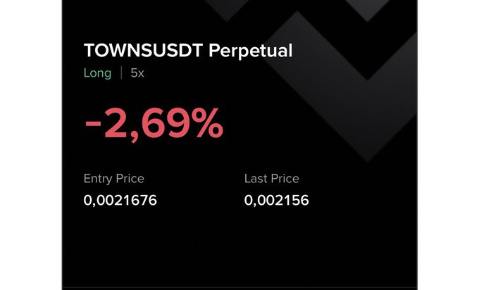 A crypto trading position card showing a long TOWNSUSDT perpetual position with 5x leverage, currently down 2.69%, with an entry price of 0.0021676 and a last price of 0.002156, reflecting an unrealized loss on the posted TOWNS long trade.