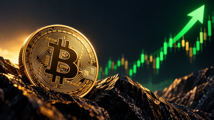 A gold Bitcoin coin standing upright on rocky terrain with a green candlestick chart and upward arrow showing a rising trend in the background.