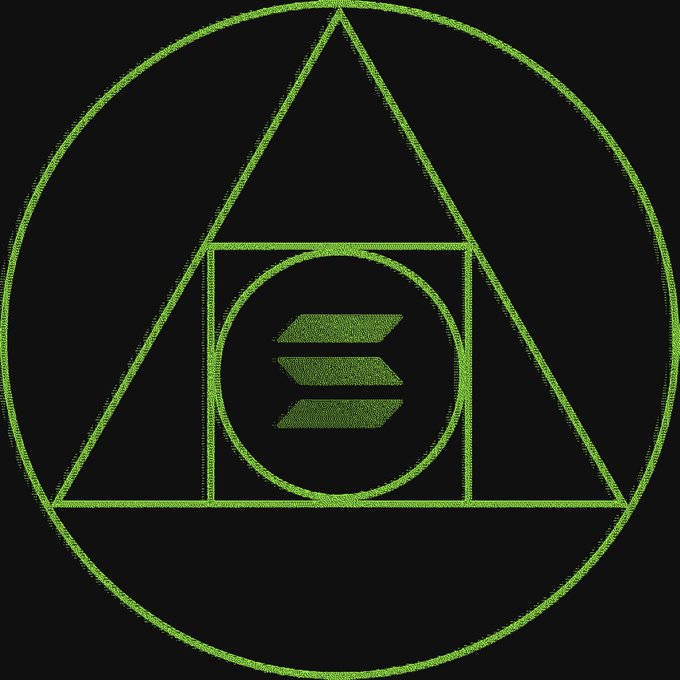 The image displays a green geometric emblem featuring a circle enclosing an upward-pointing triangle, which in turn frames a square containing a circle that holds the Solana (SOL) logo. The layered sacred geometry paired with the Solana symbol reinforces the post's defiant message of resilience—suggesting that no external force can break through the protective, fortified design surrounding the cryptocurrency's mark.
