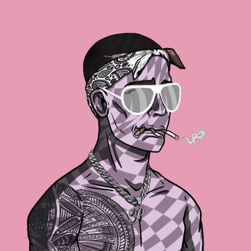 A cartoon-style illustration of a tattooed character with a mohawk, bandana, white sunglasses, and a chain necklace, smoking a cigarette against a pink background.