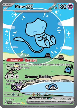 A Pokémon trading card featuring "Mew ex" with 180 HP, displaying artwork of the psychic-type creature floating within a bubble against a blue background, alongside its "Restart" ability and "Genome Hacking" attack details.