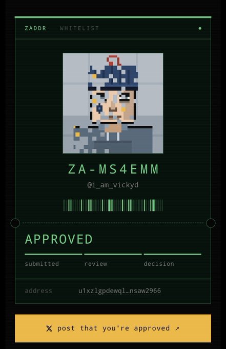A digital approval card titled 'ZADDR WHITELIST' featuring a pixel art character, displaying the code 'ZA-MS4EMM', the handle '@i_am_vickyd', and an 'APPROVED' status.