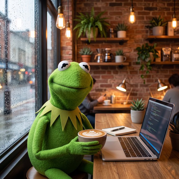 A Kermit the Frog plush figure sits at a wooden café table holding a latte, with a laptop displaying code beside a rain-streaked window.
